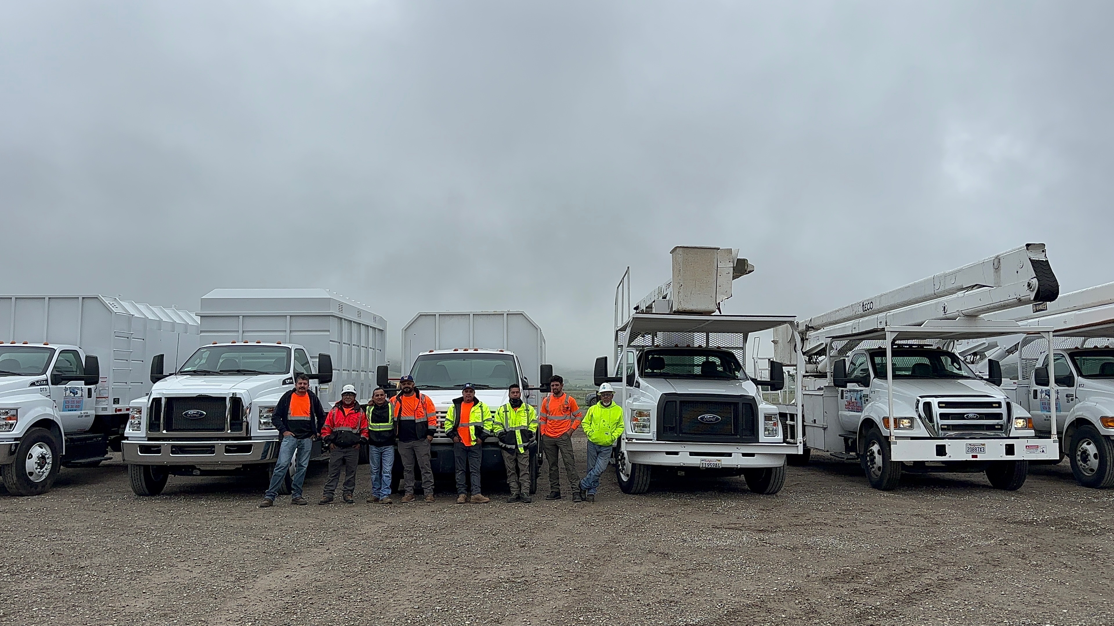 Tiger Tree Services full crew of eight workers and five commercial trucks at a fleet staging yard in California